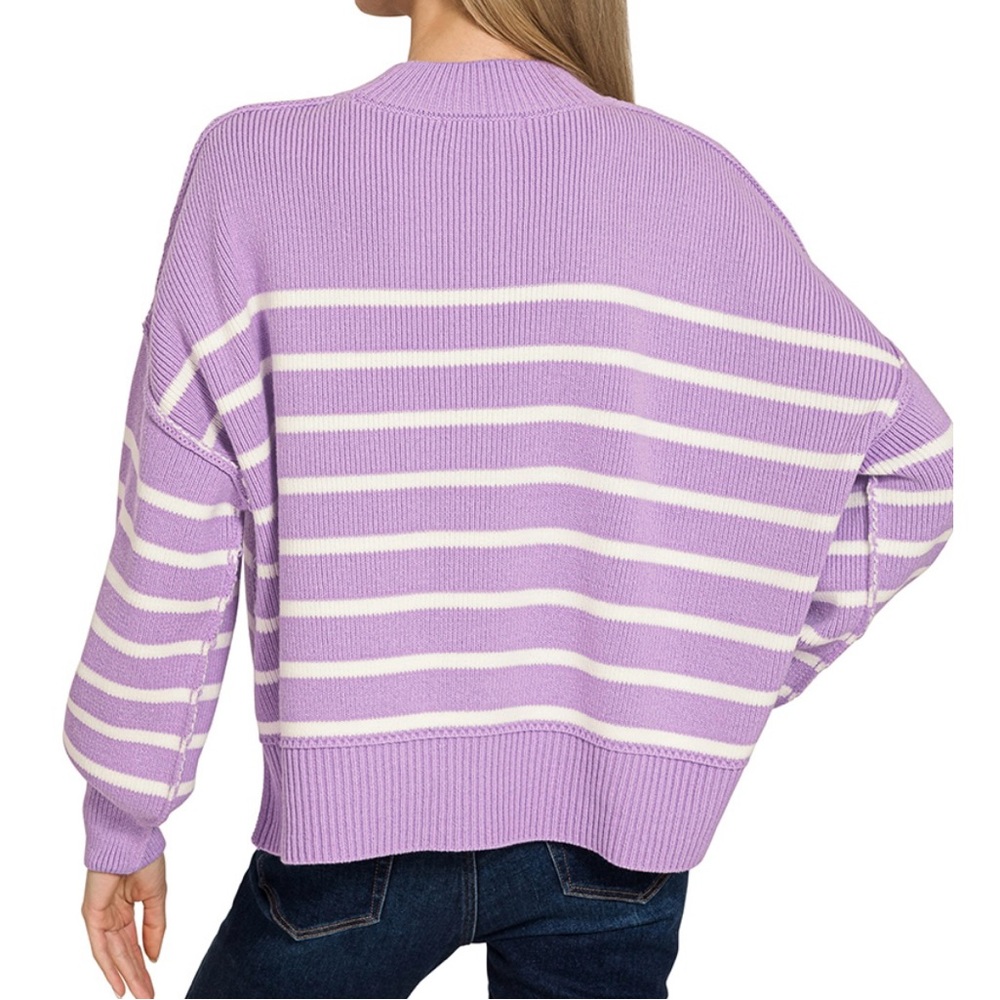 Zenana Outfitters Emerald and White Striped Crew Neck Sweater - Picture 3 of 4